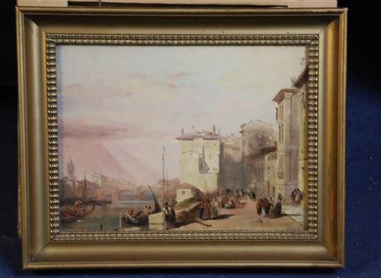 Early 19th century French School River town scene with boats and figures looking on 19 x 25cm